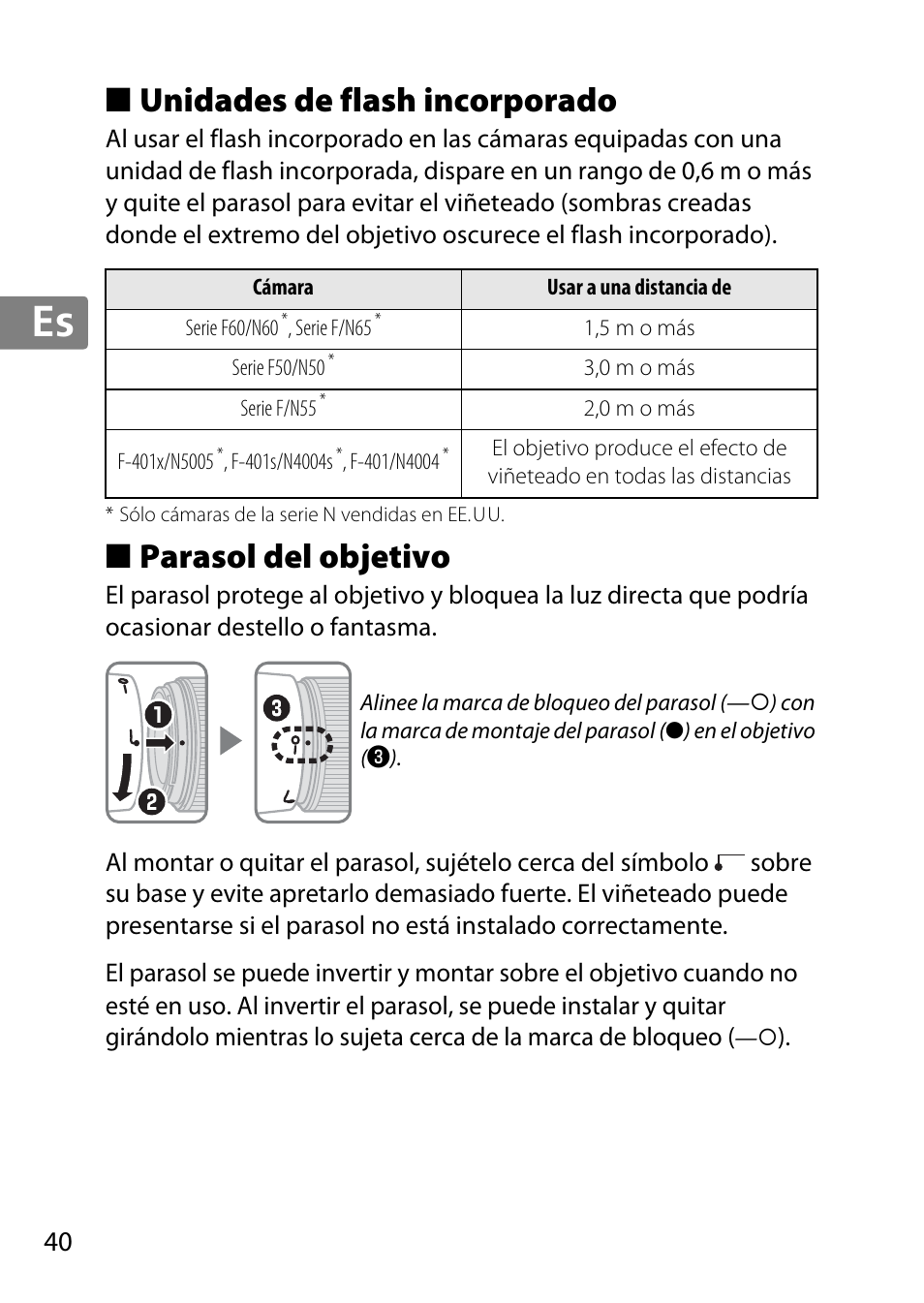 Unidades de flash incorporado, Parasol del objetivo, Jp en de fr es sv ru nl it cz sk ro ua ck ch kr | Nikon 35mm-f-14G-AF-S-Nikkor User Manual | Page 40 / 140