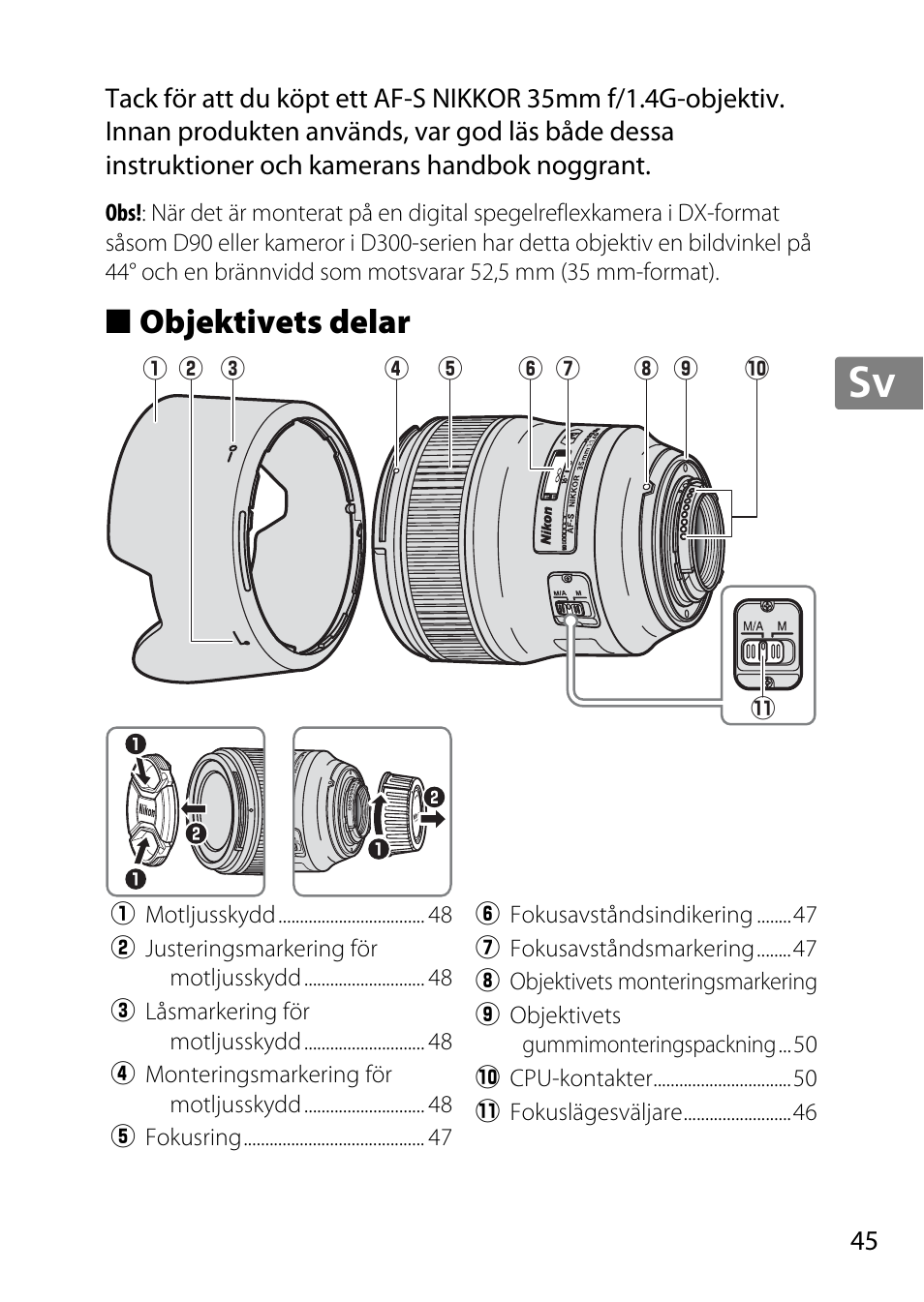 Objektivets delar, Jp en de fr es sv ru nl it cz sk ro ua ck ch kr | Nikon 35mm-f-14G-AF-S-Nikkor User Manual | Page 45 / 140