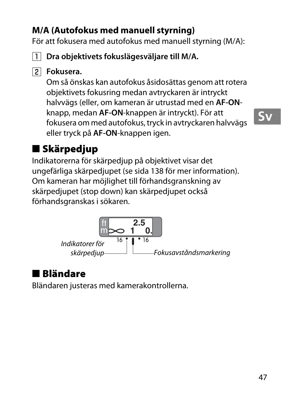 M/a (autofokus med manuell styrning), Skärpedjup, Bländare | Jp en de fr es sv ru nl it cz sk ro ua ck ch kr | Nikon 35mm-f-14G-AF-S-Nikkor User Manual | Page 47 / 140