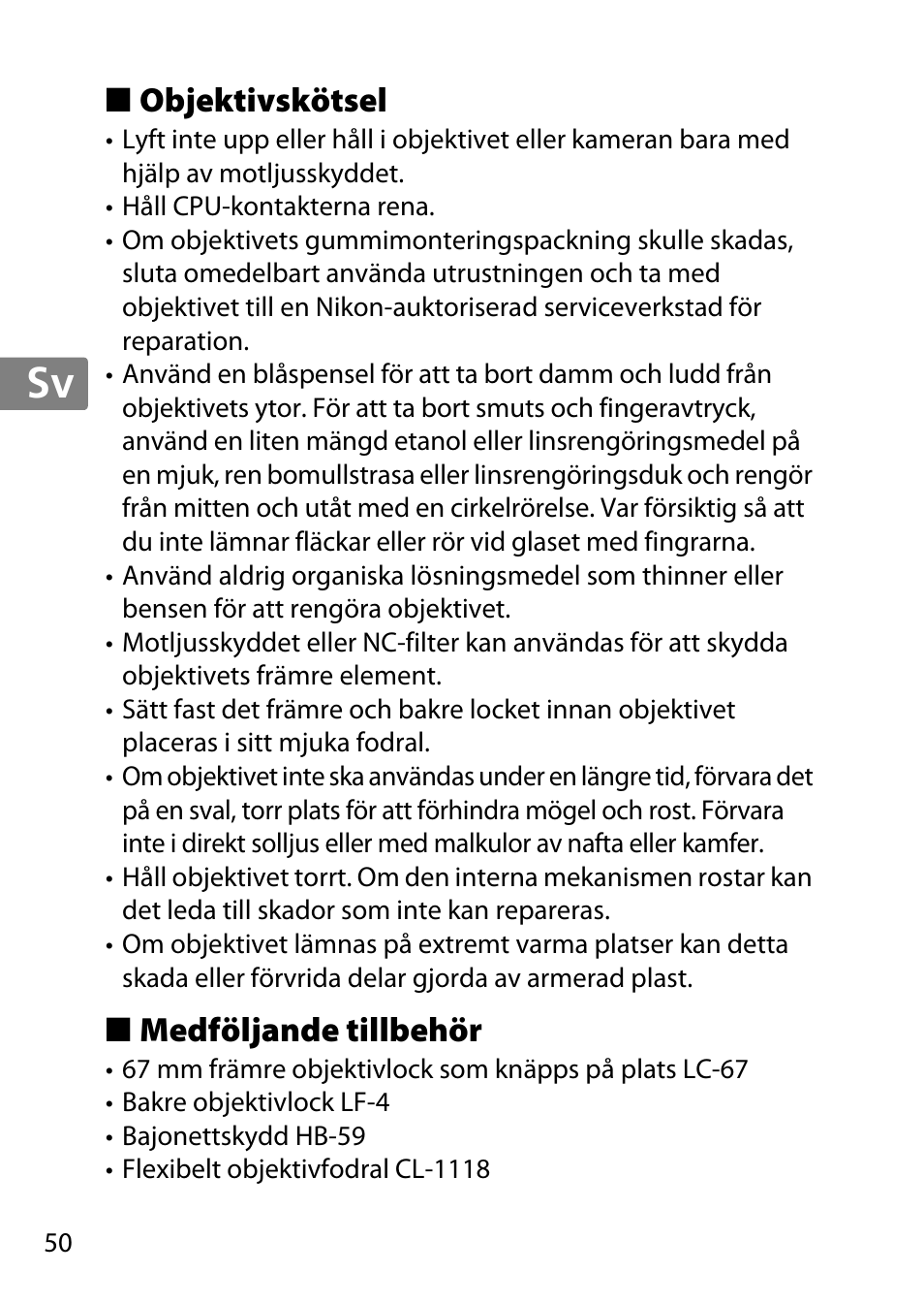 Objektivskötsel, Medföljande tillbehör, Jp en de fr es sv ru nl it cz sk ro ua ck ch kr | Nikon 35mm-f-14G-AF-S-Nikkor User Manual | Page 50 / 140