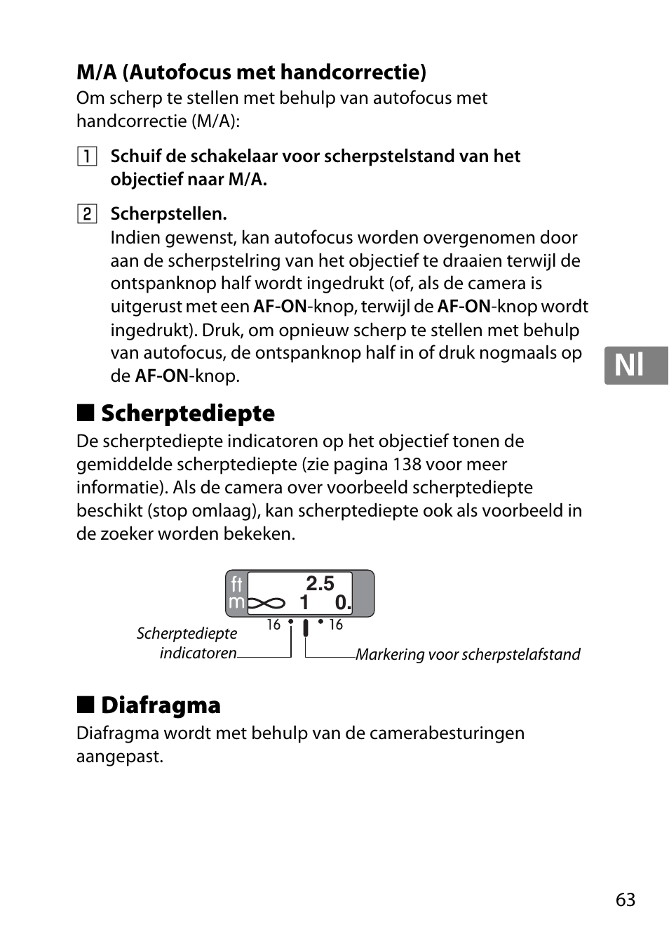 M/a (autofocus met handcorrectie), Scherptediepte, Diafragma | Jp en de fr es sv ru nl it cz sk ro ua ck ch kr | Nikon 35mm-f-14G-AF-S-Nikkor User Manual | Page 63 / 140