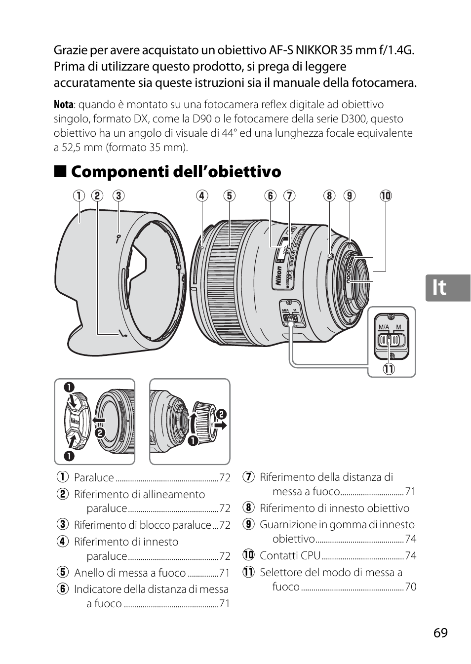 Componenti dell’obiettivo, Jp en de fr es sv ru nl it cz sk ro ua ck ch kr | Nikon 35mm-f-14G-AF-S-Nikkor User Manual | Page 69 / 140