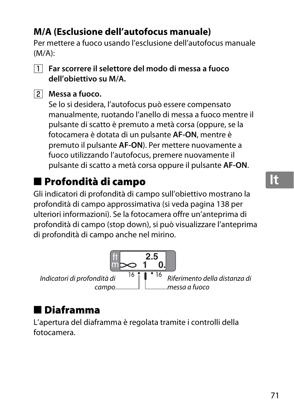 M/a (esclusione dell’autofocus manuale), Profondità di campo, Diaframma | Jp en de fr es sv ru nl it cz sk ro ua ck ch kr | Nikon 35mm-f-14G-AF-S-Nikkor User Manual | Page 71 / 140