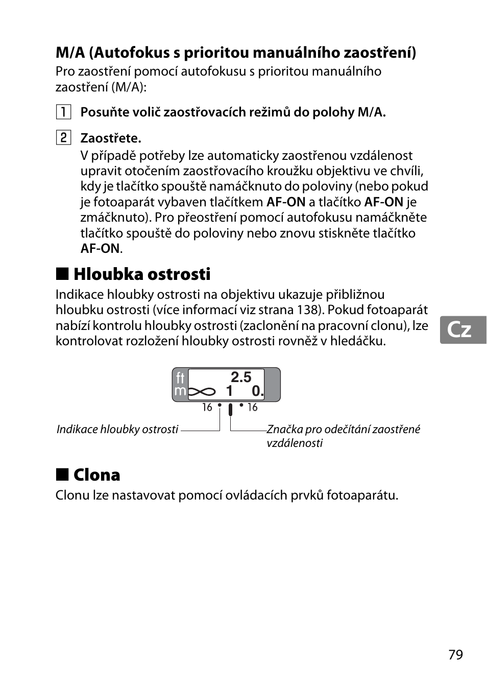 M/a (autofokus s prioritou manuálního zaostření), Hloubka ostrosti, Clona | Jp en de fr es sv ru nl it cz sk ro ua ck ch kr | Nikon 35mm-f-14G-AF-S-Nikkor User Manual | Page 79 / 140