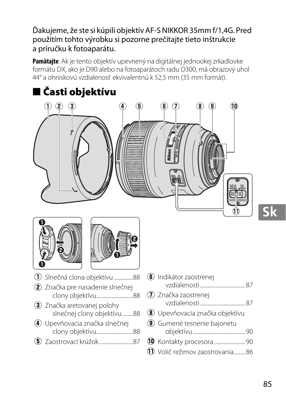 Časti objektívu, Jp en de fr es sv ru nl it cz sk ro ua ck ch kr | Nikon 35mm-f-14G-AF-S-Nikkor User Manual | Page 85 / 140