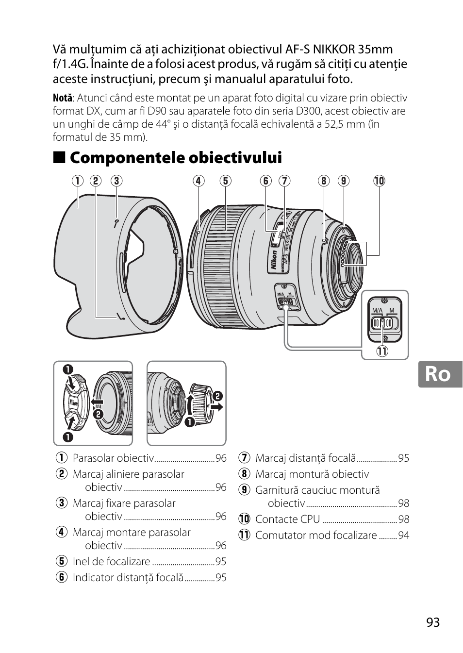 Componentele obiectivului, Jp en de fr es sv ru nl it cz sk ro ua ck ch kr | Nikon 35mm-f-14G-AF-S-Nikkor User Manual | Page 93 / 140