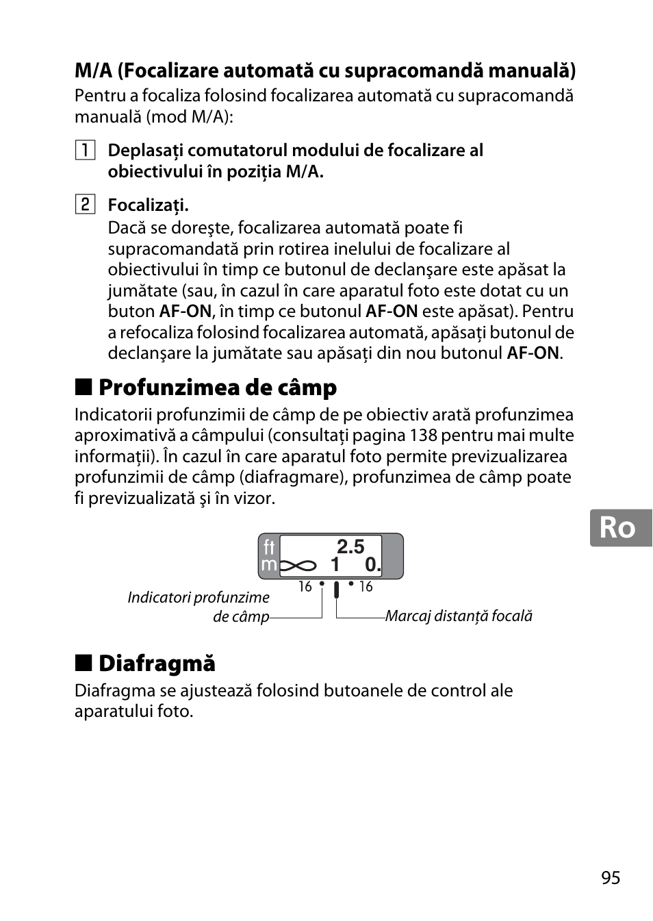 M/a (focalizare automată cu supracomandă manuală), Profunzimea de câmp, Diafragmă | Jp en de fr es sv ru nl it cz sk ro ua ck ch kr | Nikon 35mm-f-14G-AF-S-Nikkor User Manual | Page 95 / 140