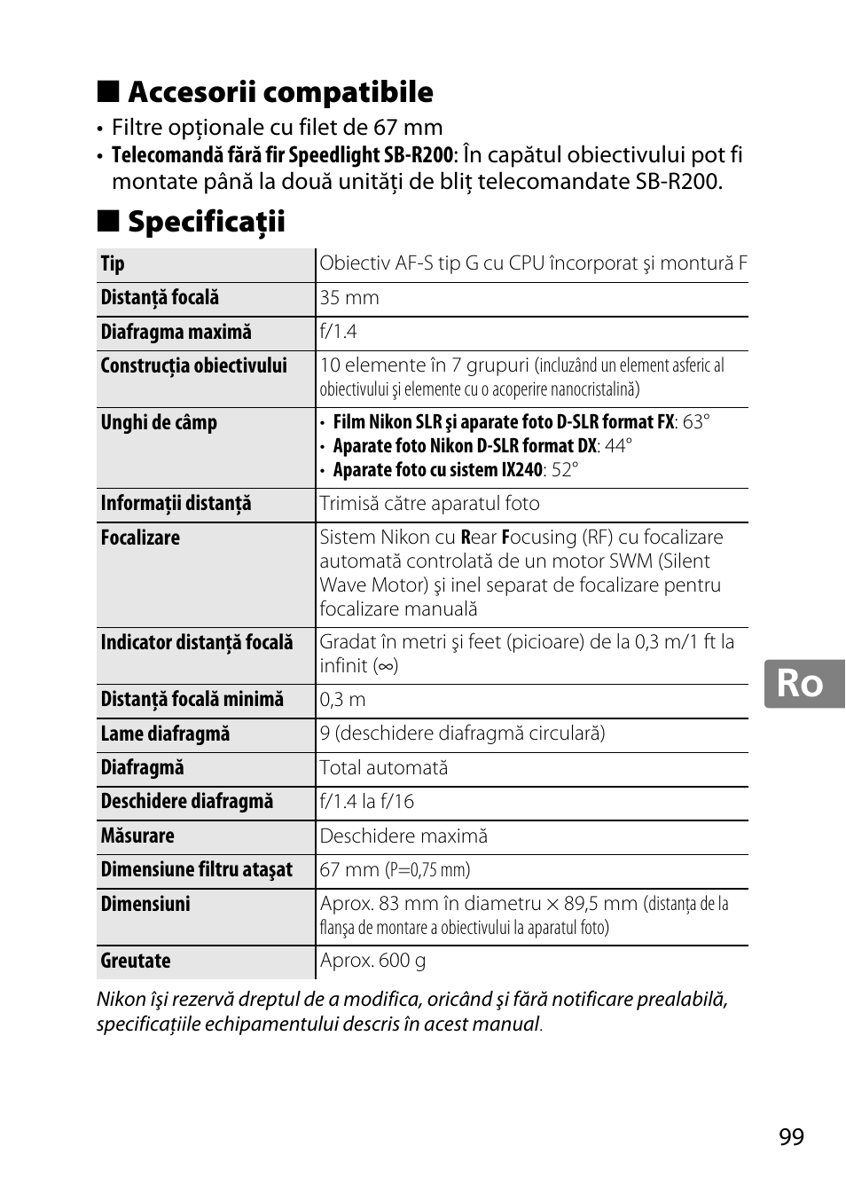 Accesorii compatibile, Specificaţii, Jp en de fr es sv ru nl it cz sk ro ua ck ch kr | Nikon 35mm-f-14G-AF-S-Nikkor User Manual | Page 99 / 140