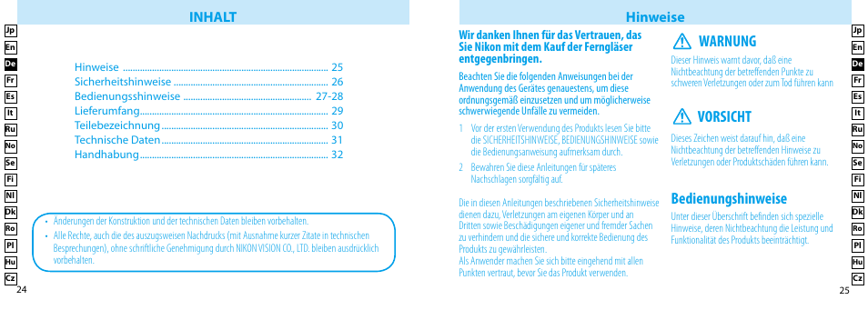 Bedienungshinweise, Warnung vorsicht, Inhalt hinweise | Nikon Compact-Sport-Sprint User Manual | Page 13 / 83