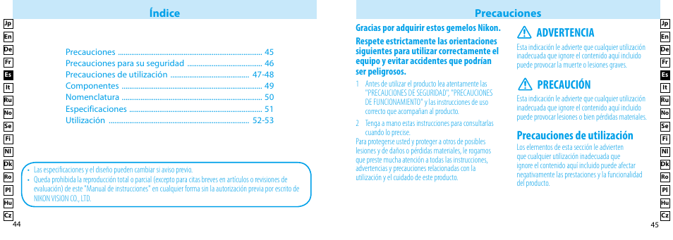 Precauciones de utilización, Advertencia, Precaución | Índice precauciones | Nikon Compact-Sport-Sprint User Manual | Page 23 / 83