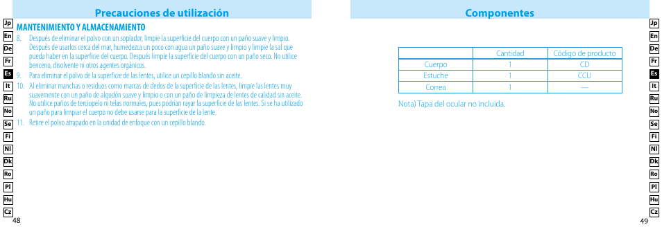 Precauciones de utilización componentes, Mantenimiento y almacenamiento | Nikon Compact-Sport-Sprint User Manual | Page 25 / 83