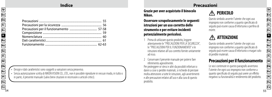 Precauzioni per il funzionamento, Pericolo, Attenzione | Precauzioni indice | Nikon Compact-Sport-Sprint User Manual | Page 28 / 83