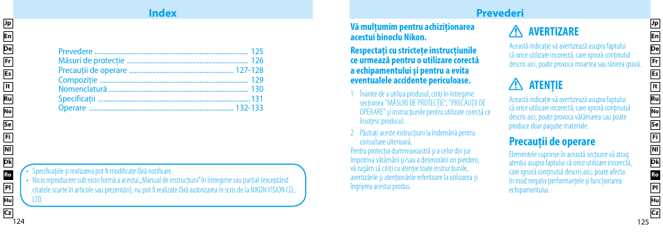 Precauţii de operare, Avertizare, Atenţie | Index prevederi | Nikon Compact-Sport-Sprint User Manual | Page 63 / 83