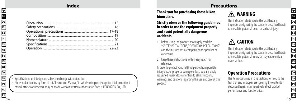 Operation precautions, Warning, Caution | Index precautions | Nikon Compact-Sport-Sprint User Manual | Page 8 / 83