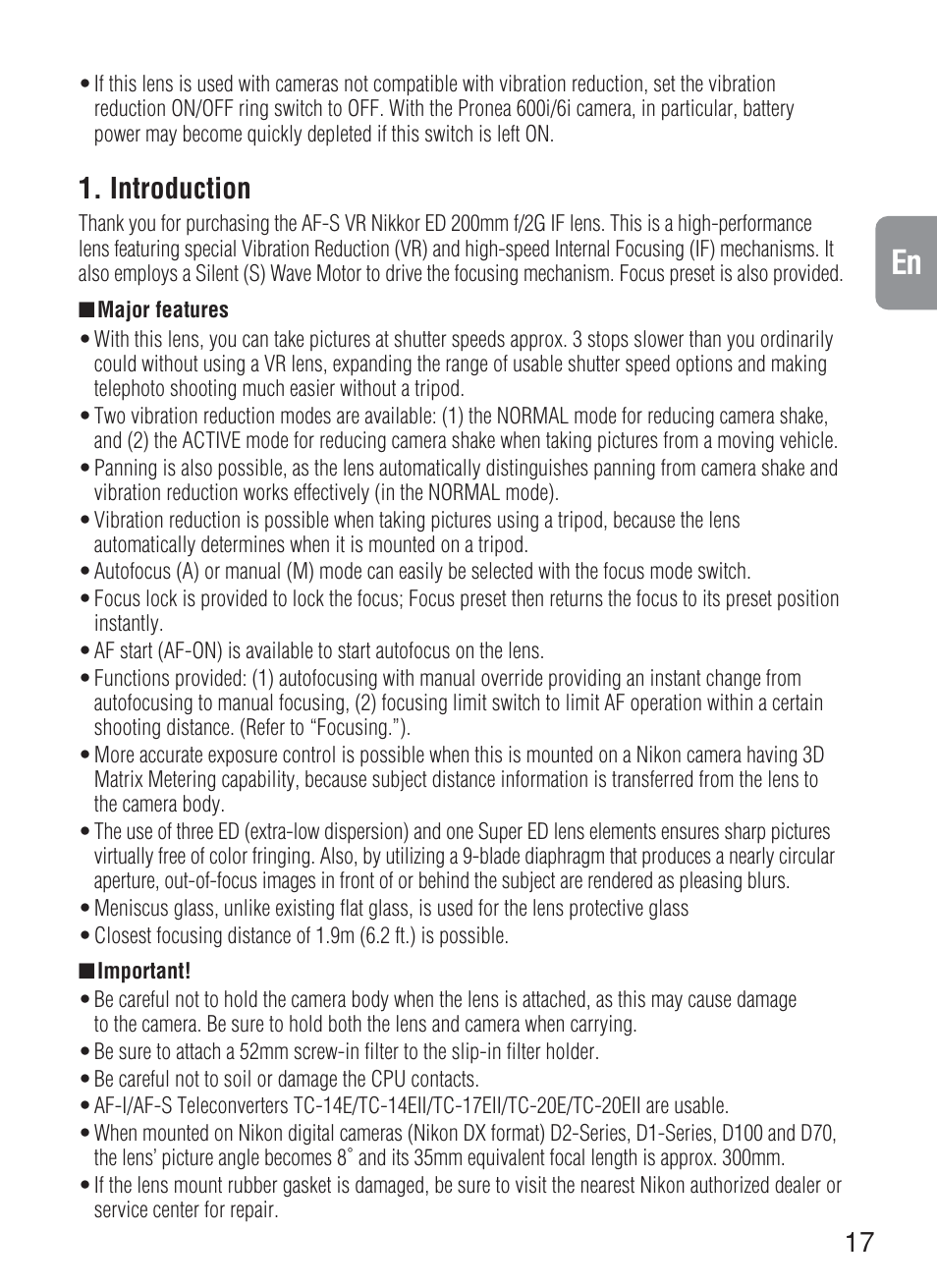 Introduction | Nikon 200mm-f-2G-IF-ED-AF-S-VR-Nikkor User Manual | Page 17 / 88