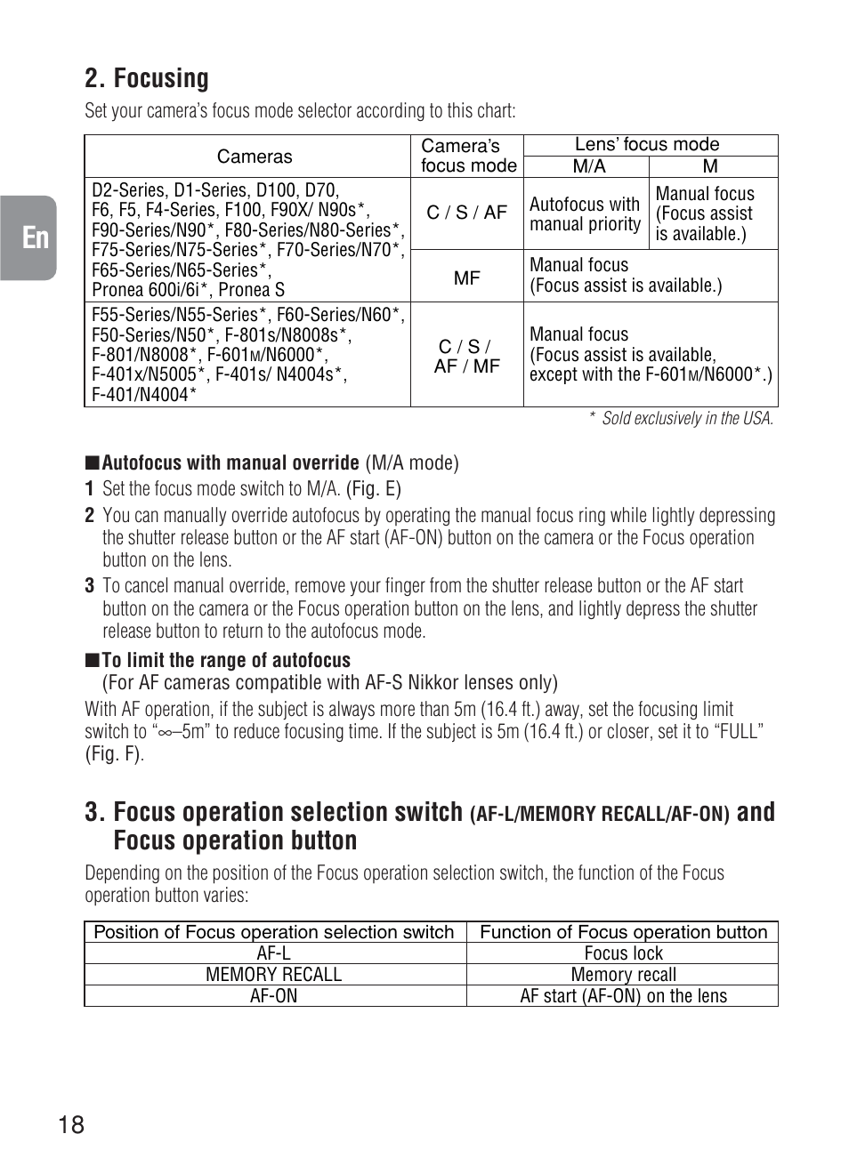 Focusing, Focus operation selection switch, And focus operation button | Nikon 200mm-f-2G-IF-ED-AF-S-VR-Nikkor User Manual | Page 18 / 88