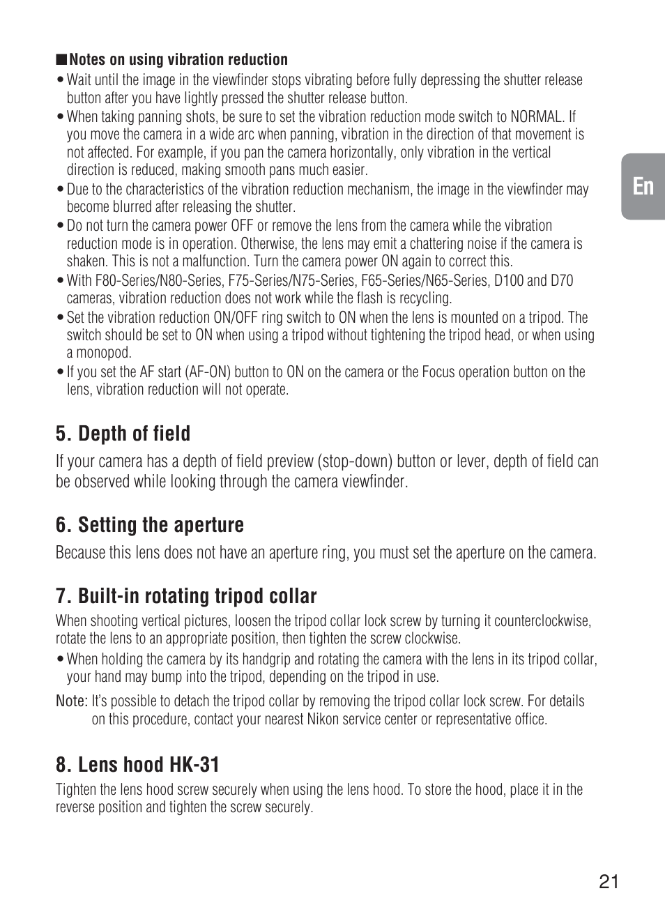 Depth of field, Setting the aperture, Built-in rotating tripod collar | Lens hood hk-31 | Nikon 200mm-f-2G-IF-ED-AF-S-VR-Nikkor User Manual | Page 21 / 88