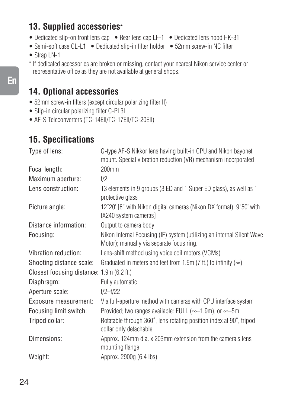 Supplied accessories, Optional accessories, Specifications | Nikon 200mm-f-2G-IF-ED-AF-S-VR-Nikkor User Manual | Page 24 / 88