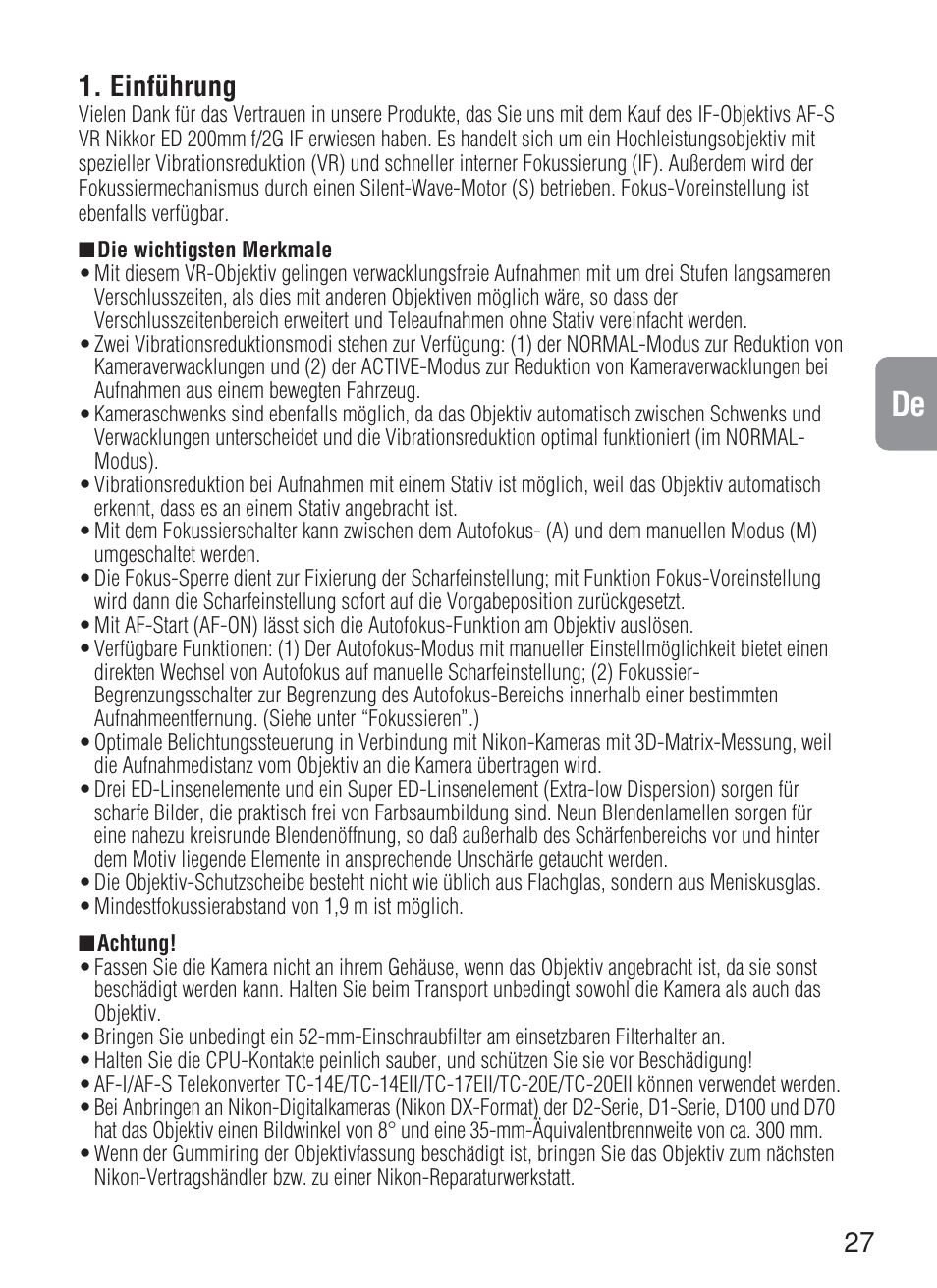 Einführung | Nikon 200mm-f-2G-IF-ED-AF-S-VR-Nikkor User Manual | Page 27 / 88