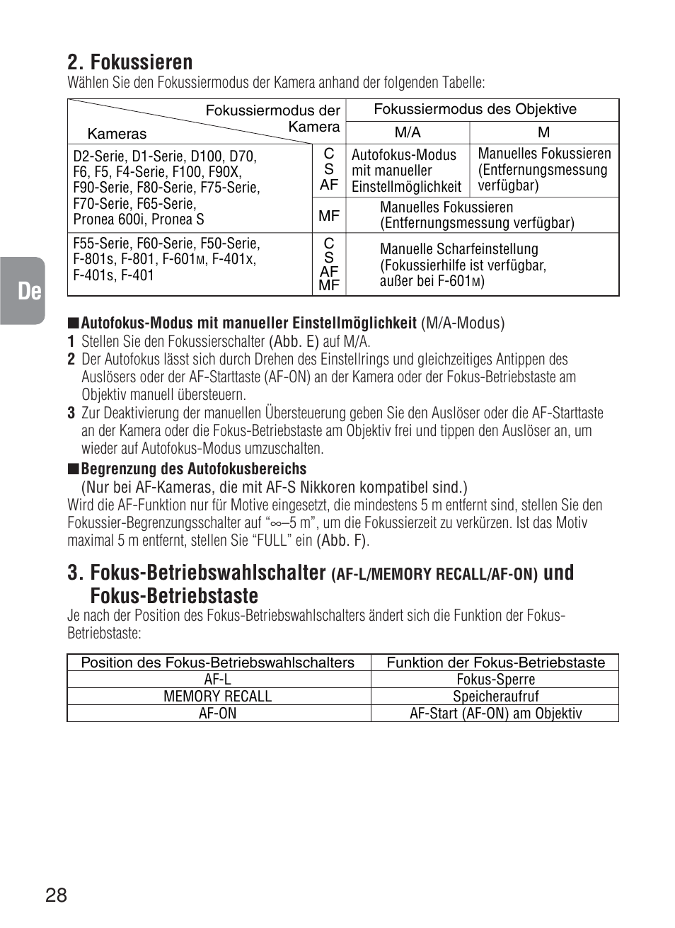 Fokussieren, Fokus-betriebswahlschalter, Und fokus-betriebstaste | Nikon 200mm-f-2G-IF-ED-AF-S-VR-Nikkor User Manual | Page 28 / 88
