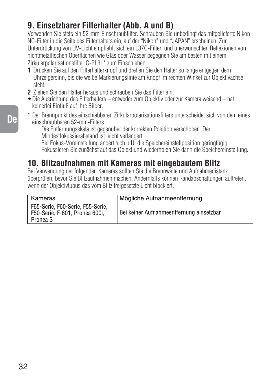 Einsetzbarer filterhalter (abb. a und b), Blitzaufnahmen mit kameras mit eingebautem blitz | Nikon 200mm-f-2G-IF-ED-AF-S-VR-Nikkor User Manual | Page 32 / 88