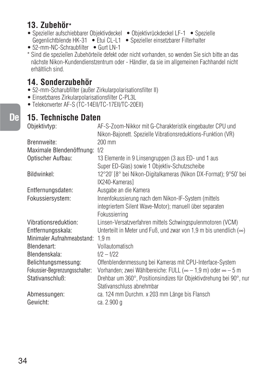 Zubehör, Sonderzubehör, Technische daten | Nikon 200mm-f-2G-IF-ED-AF-S-VR-Nikkor User Manual | Page 34 / 88