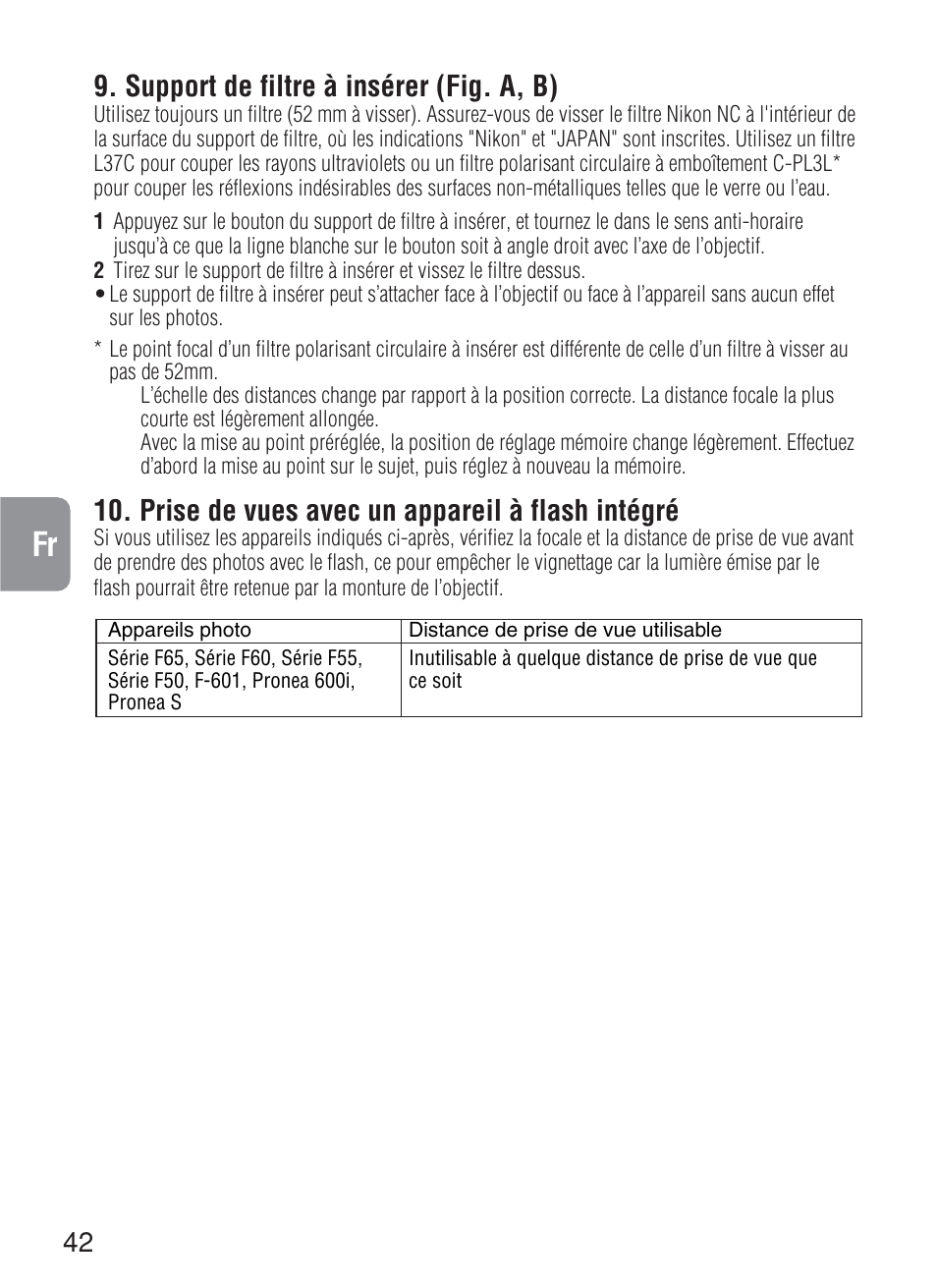 Support de filtre à insérer (fig. a, b), Prise de vues avec un appareil à flash intégré | Nikon 200mm-f-2G-IF-ED-AF-S-VR-Nikkor User Manual | Page 42 / 88