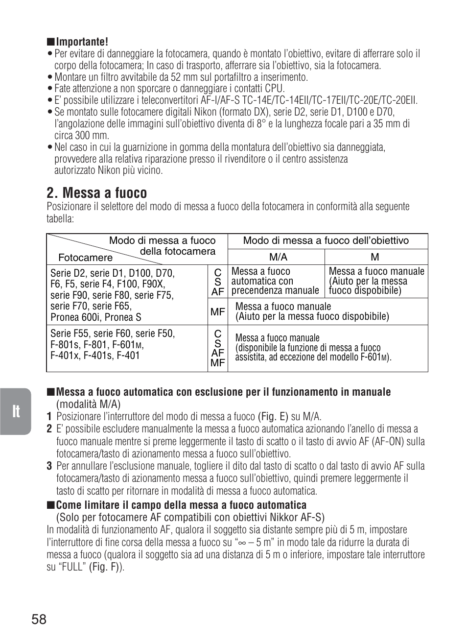 Messa a fuoco | Nikon 200mm-f-2G-IF-ED-AF-S-VR-Nikkor User Manual | Page 58 / 88