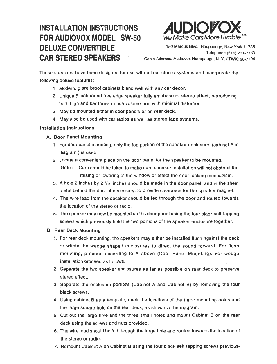 Audiovox SW-50 User Manual | 4 pages