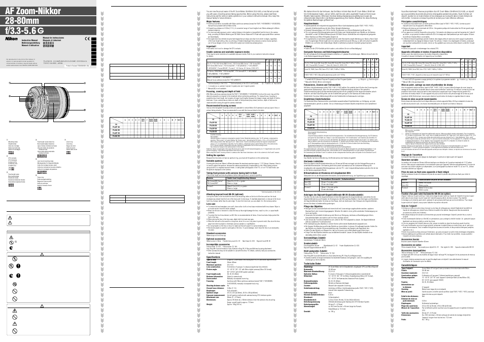 Nikon 28-80mm-f-33-56G-AF-Zoom-Nikkor User Manual | 2 pages