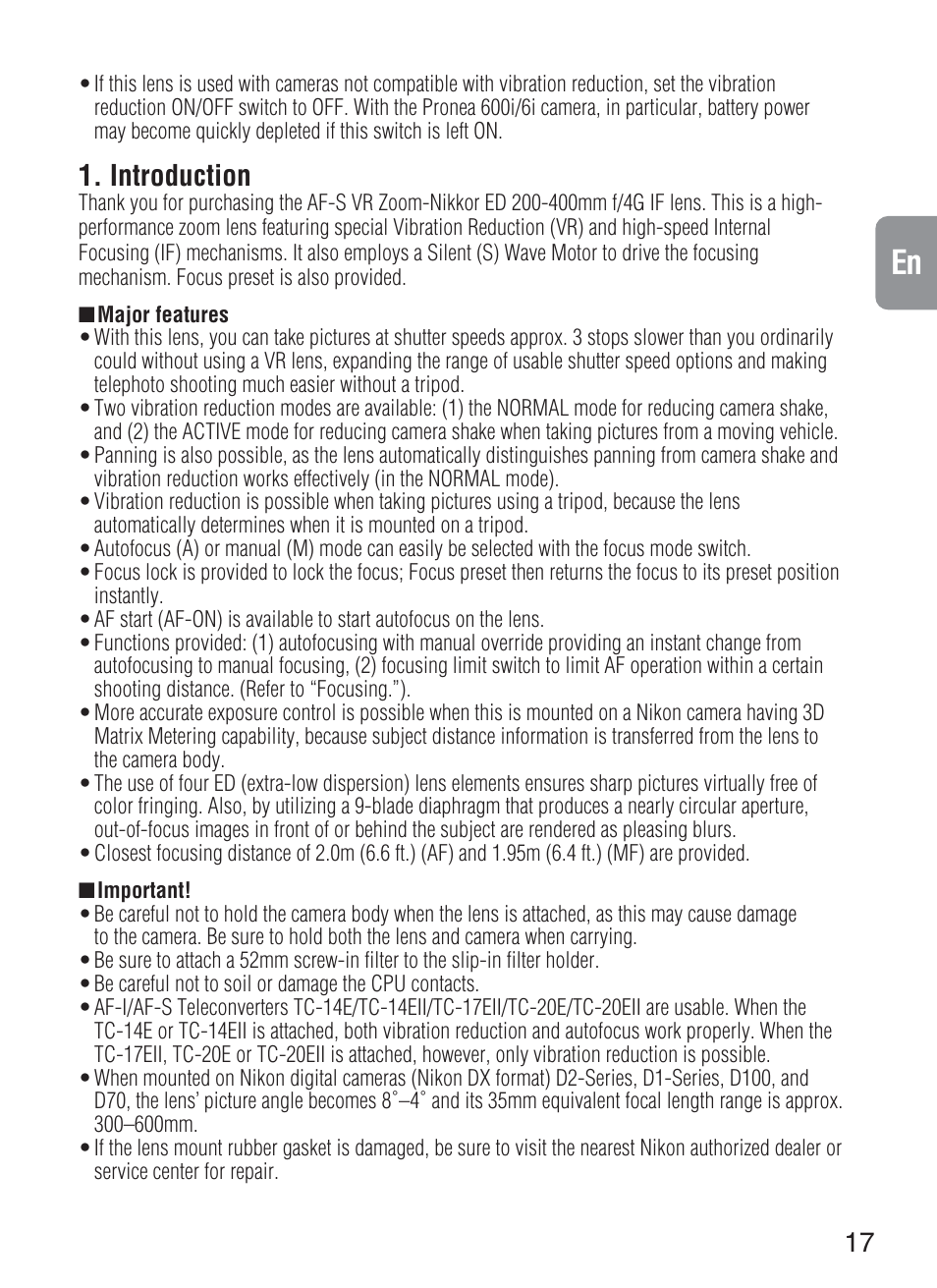 Introduction | Nikon 200-400mm-f-4G-ED-IF-AF-S-VR-Zoom User Manual | Page 17 / 87