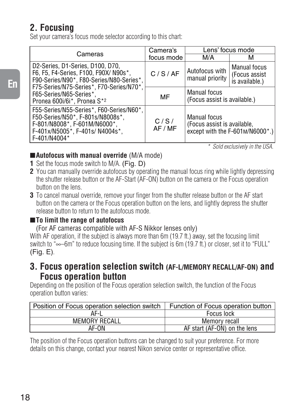 Focusing, Focus operation selection switch, And focus operation button | Nikon 200-400mm-f-4G-ED-IF-AF-S-VR-Zoom User Manual | Page 18 / 87