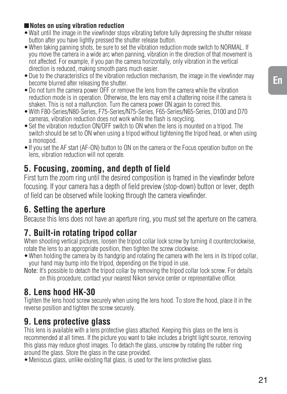 Focusing, zooming, and depth of field, Setting the aperture, Built-in rotating tripod collar | Lens hood hk-30, Lens protective glass | Nikon 200-400mm-f-4G-ED-IF-AF-S-VR-Zoom User Manual | Page 21 / 87