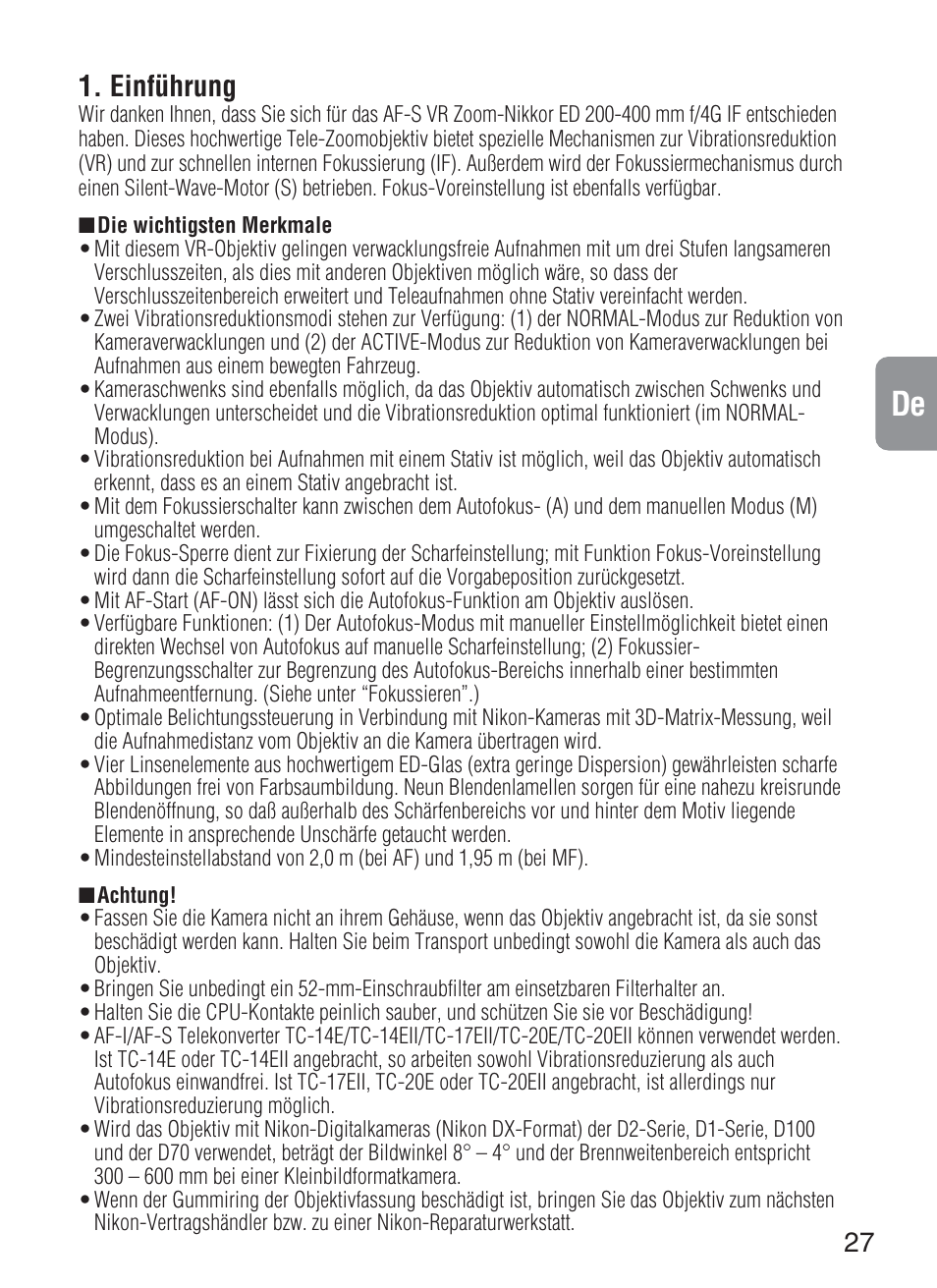 Einführung | Nikon 200-400mm-f-4G-ED-IF-AF-S-VR-Zoom User Manual | Page 27 / 87