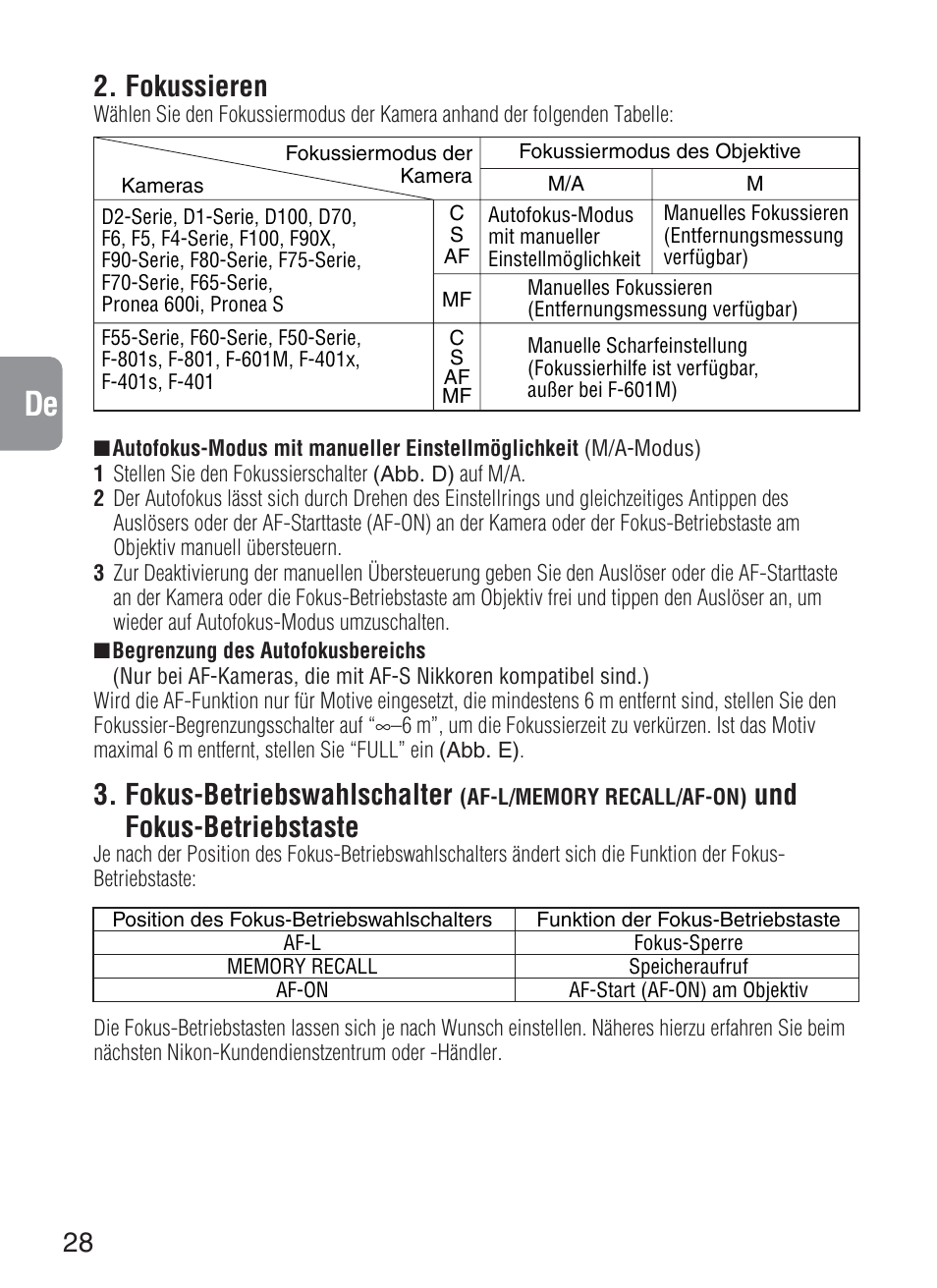 Fokussieren, Fokus-betriebswahlschalter, Und fokus-betriebstaste | Nikon 200-400mm-f-4G-ED-IF-AF-S-VR-Zoom User Manual | Page 28 / 87