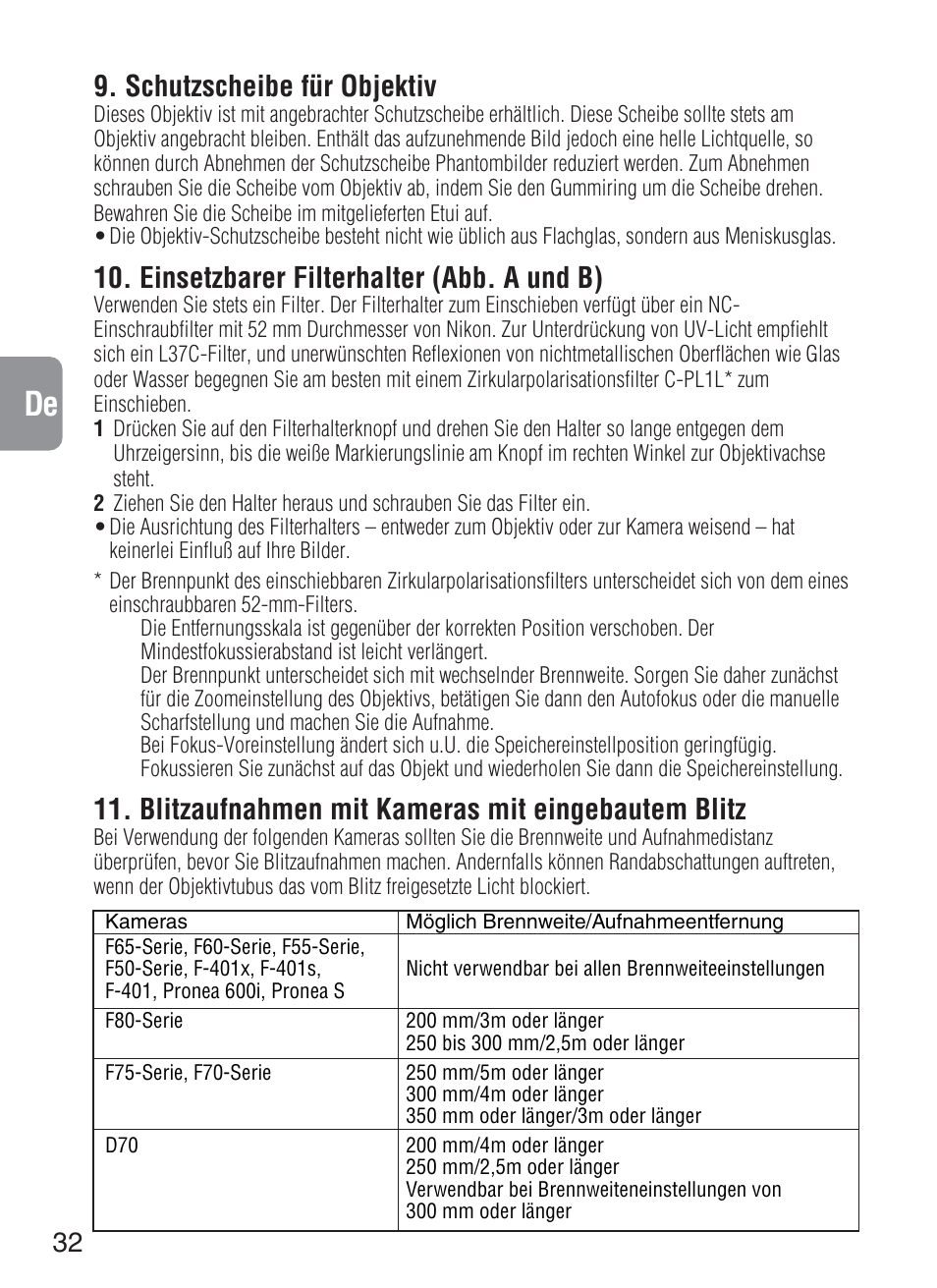 Schutzscheibe für objektiv, Einsetzbarer filterhalter (abb. a und b), Blitzaufnahmen mit kameras mit eingebautem blitz | Nikon 200-400mm-f-4G-ED-IF-AF-S-VR-Zoom User Manual | Page 32 / 87