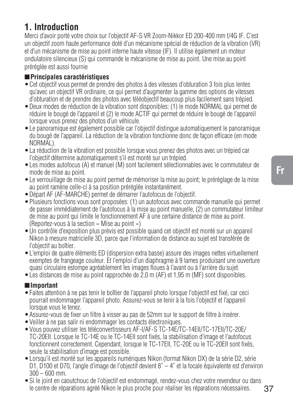 Introduction | Nikon 200-400mm-f-4G-ED-IF-AF-S-VR-Zoom User Manual | Page 37 / 87