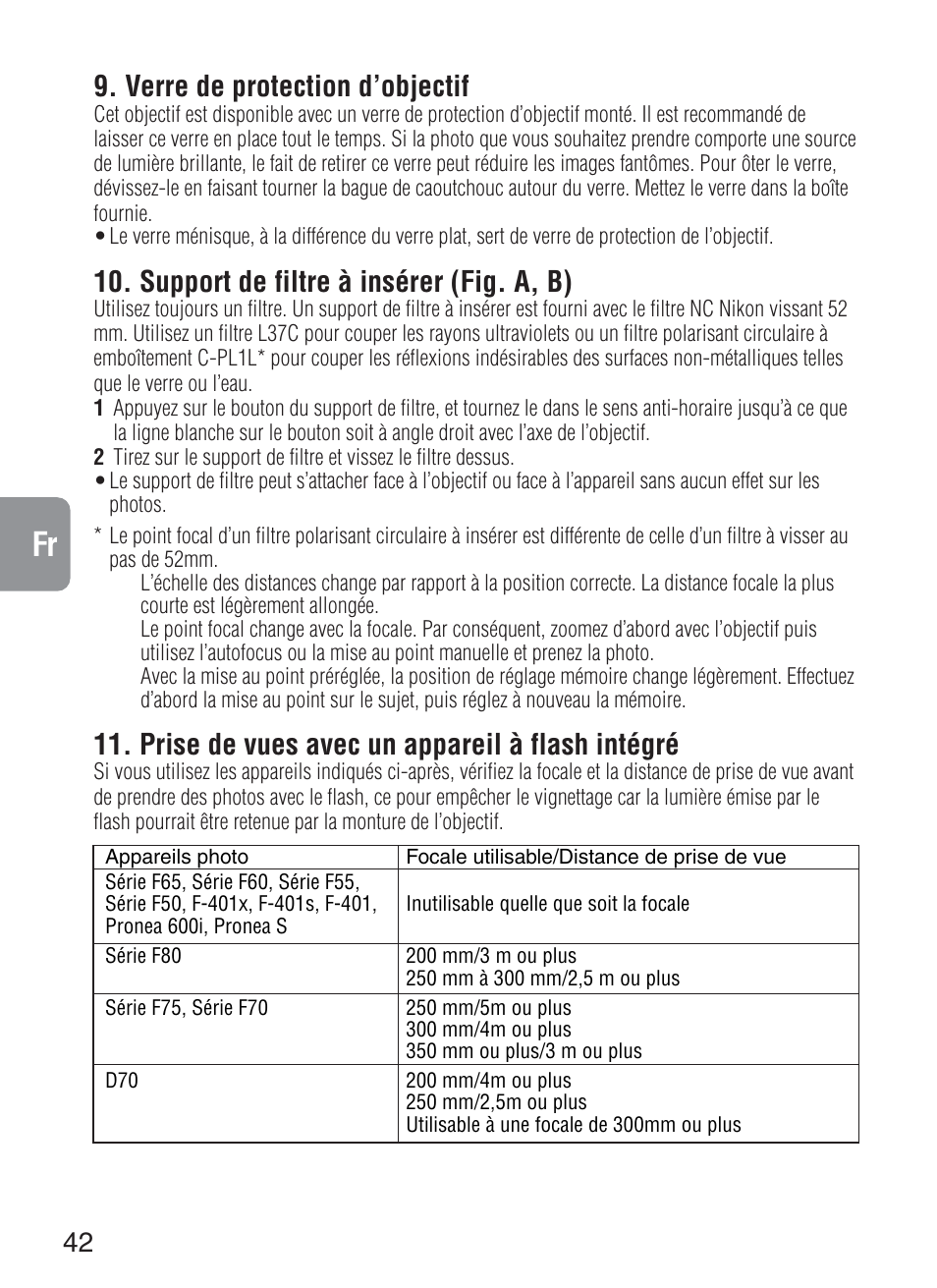 Verre de protection d’objectif, Support de filtre à insérer (fig. a, b), Prise de vues avec un appareil à flash intégré | Nikon 200-400mm-f-4G-ED-IF-AF-S-VR-Zoom User Manual | Page 42 / 87