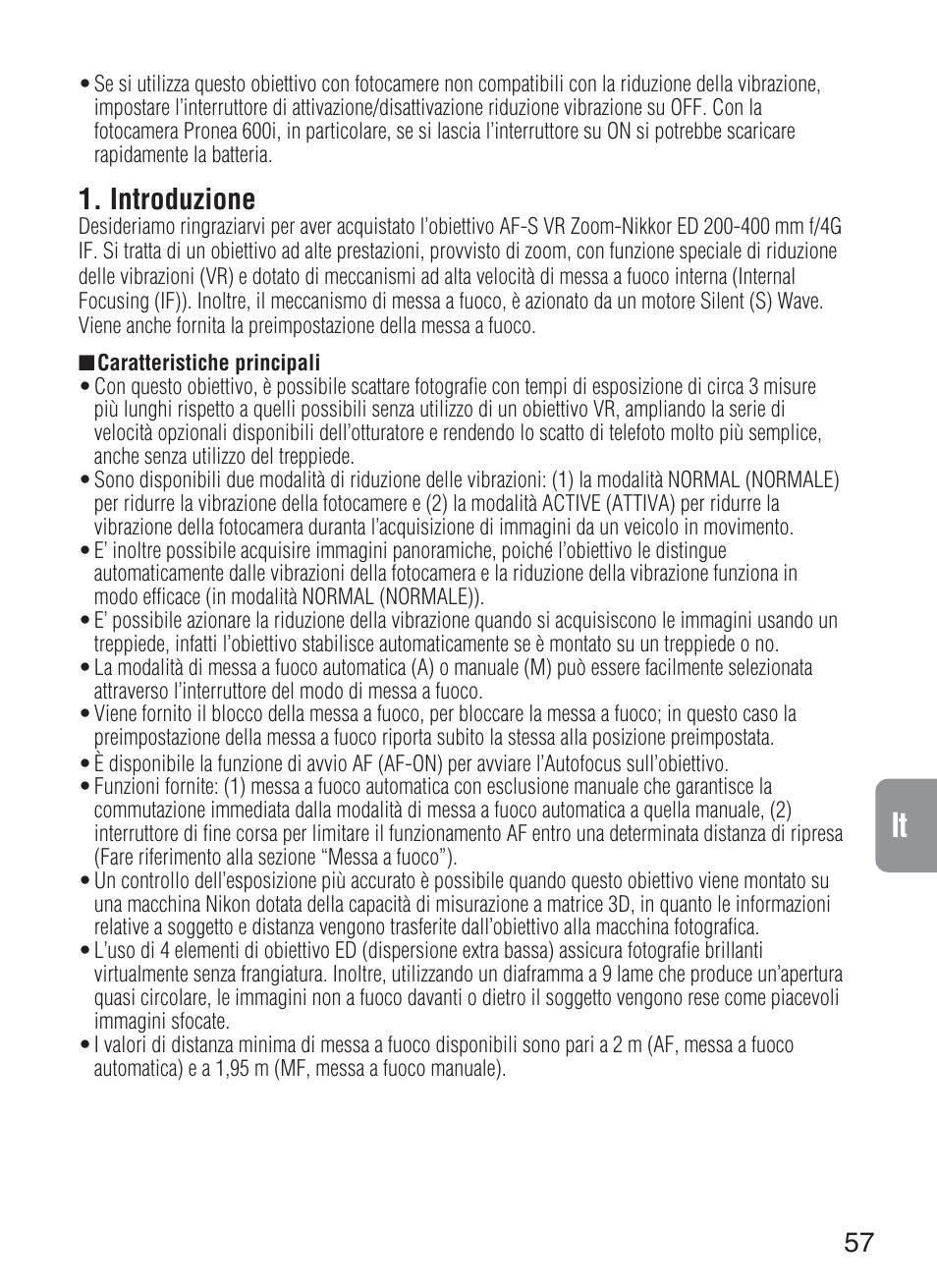 Introduzione | Nikon 200-400mm-f-4G-ED-IF-AF-S-VR-Zoom User Manual | Page 57 / 87
