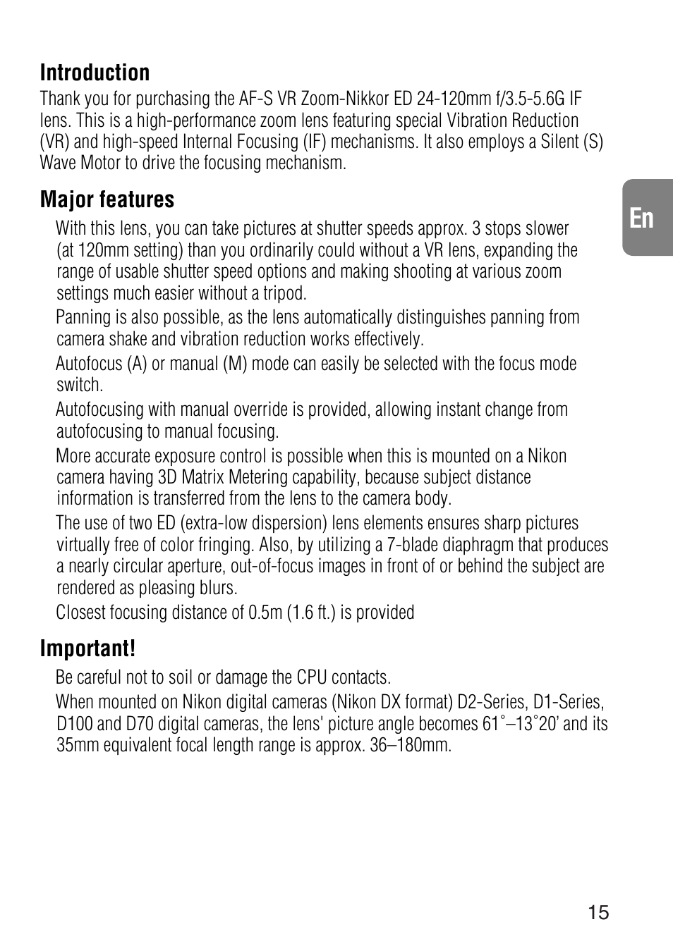 Introduction, Major features, Important | Nikon 24-120mm-f-35-56G-ED-IF-AF-S-VR-Zoom User Manual | Page 15 / 71