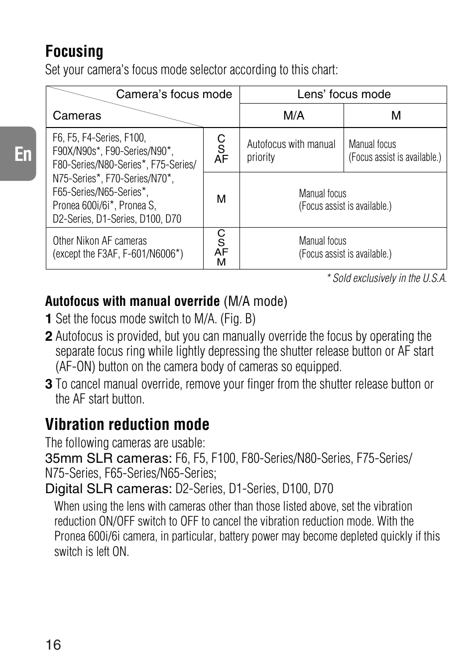 Focusing, Vibration reduction mode | Nikon 24-120mm-f-35-56G-ED-IF-AF-S-VR-Zoom User Manual | Page 16 / 71