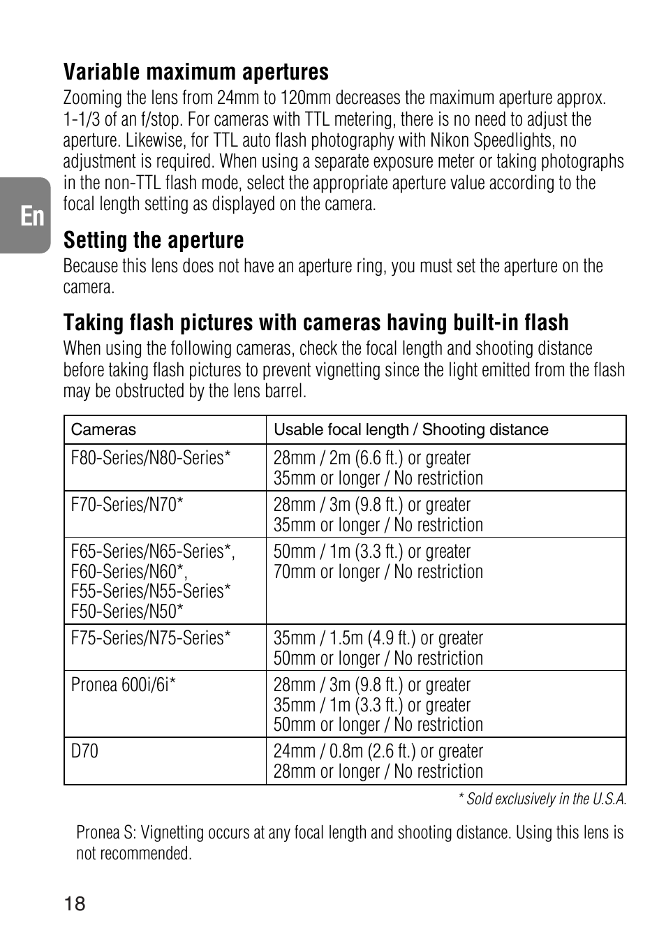 Variable maximum apertures, Setting the aperture | Nikon 24-120mm-f-35-56G-ED-IF-AF-S-VR-Zoom User Manual | Page 18 / 71