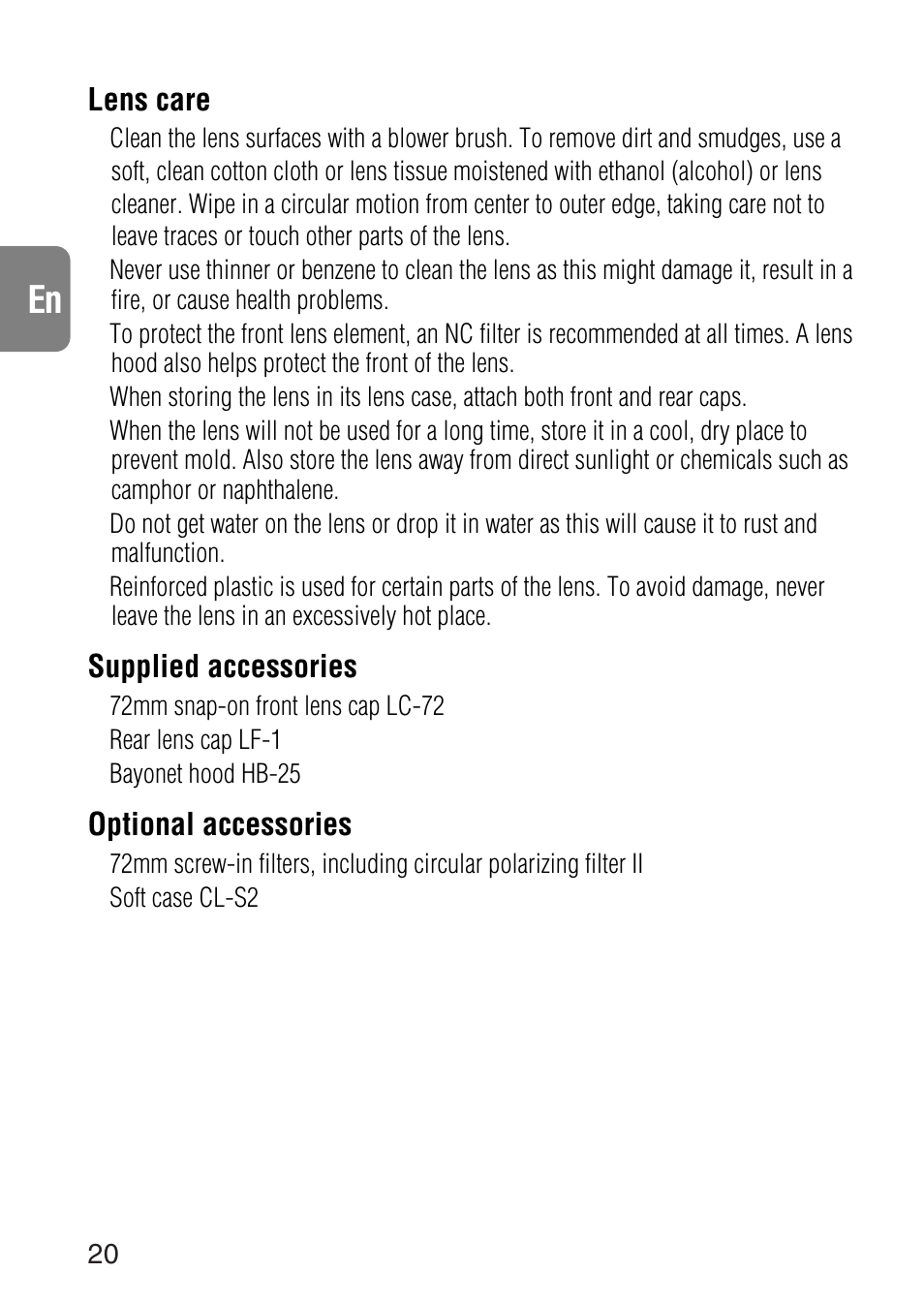 Lens care, Supplied accessories, Optional accessories | 72mm snap-on front lens cap lc-72, Rear lens cap lf-1, Bayonet hood hb-25, Soft case cl-s2 | Nikon 24-120mm-f-35-56G-ED-IF-AF-S-VR-Zoom User Manual | Page 20 / 71