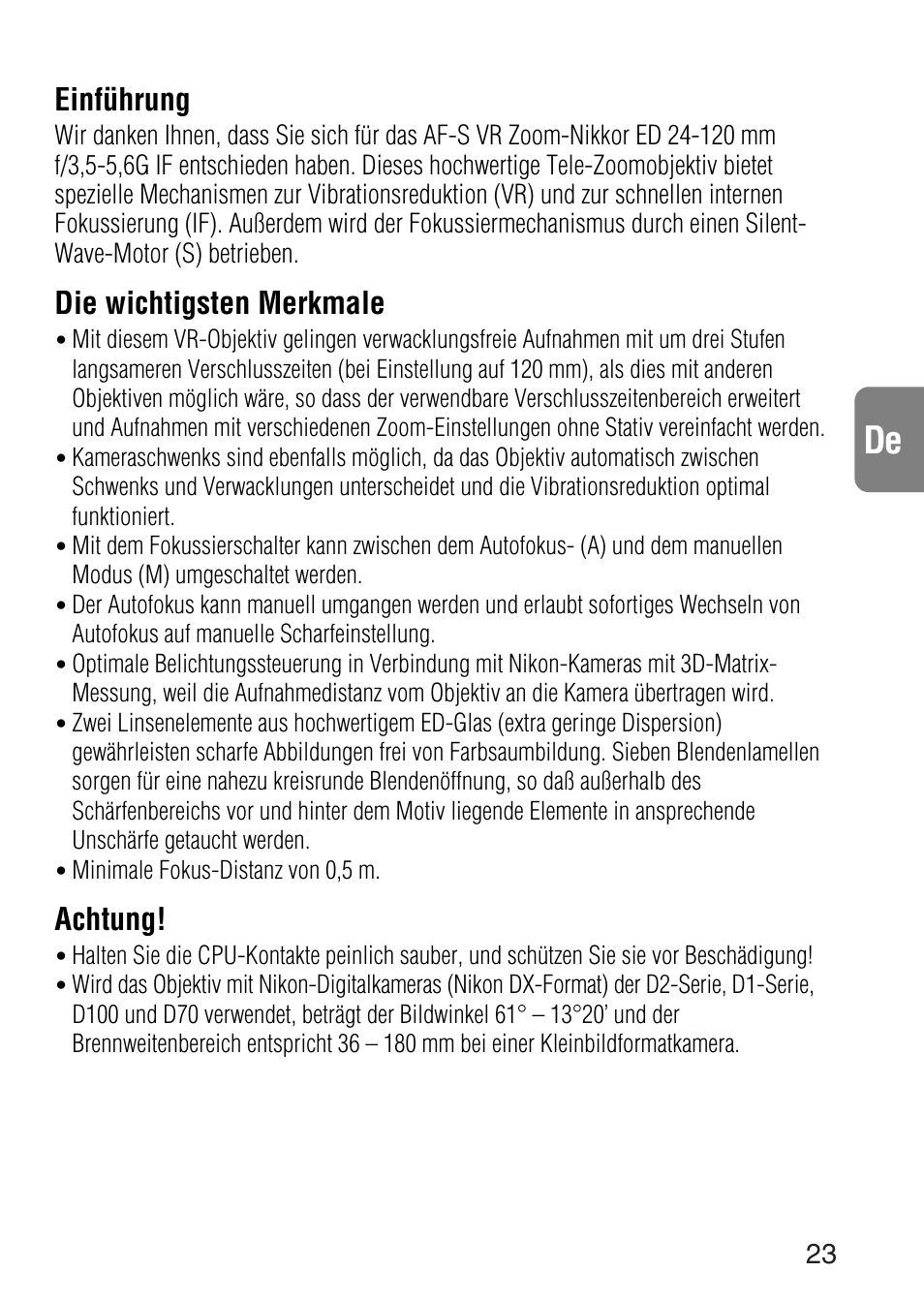 Einführung, Die wichtigsten merkmale, Achtung | Nikon 24-120mm-f-35-56G-ED-IF-AF-S-VR-Zoom User Manual | Page 23 / 71