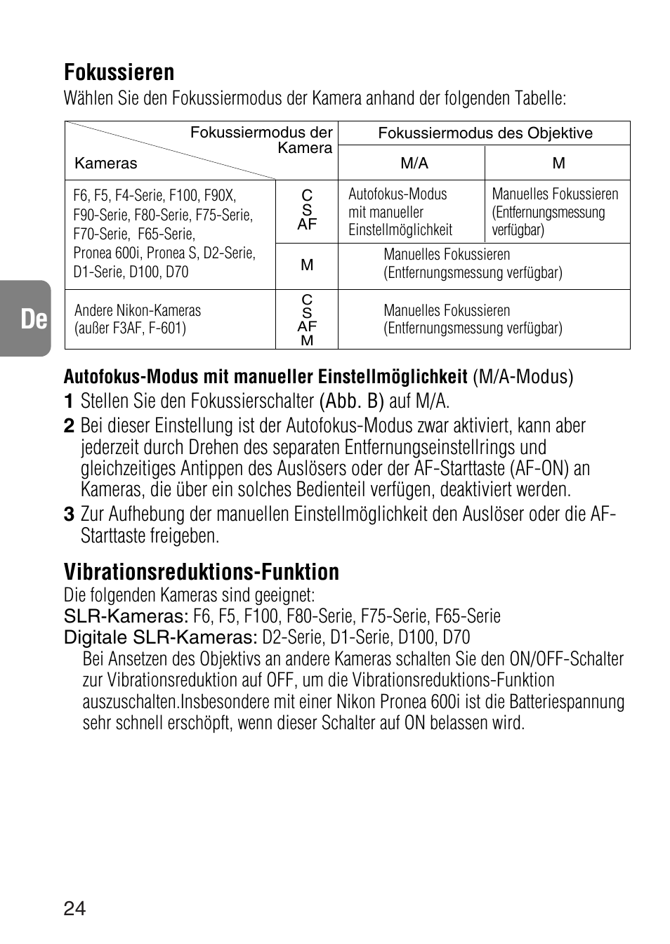 Fokussieren, Vibrationsreduktions-funktion | Nikon 24-120mm-f-35-56G-ED-IF-AF-S-VR-Zoom User Manual | Page 24 / 71