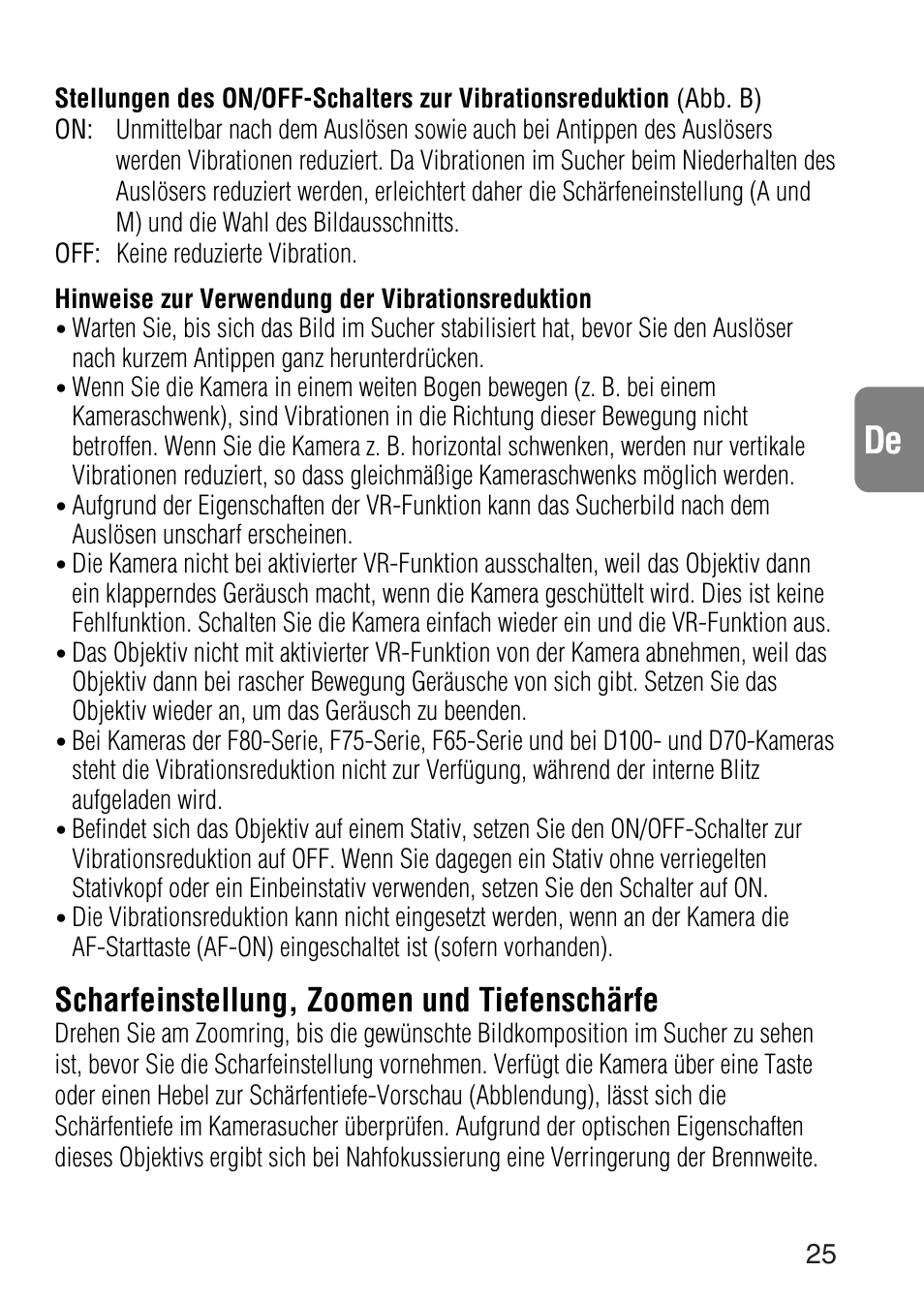 Scharfeinstellung, zoomen und tiefenschärfe | Nikon 24-120mm-f-35-56G-ED-IF-AF-S-VR-Zoom User Manual | Page 25 / 71