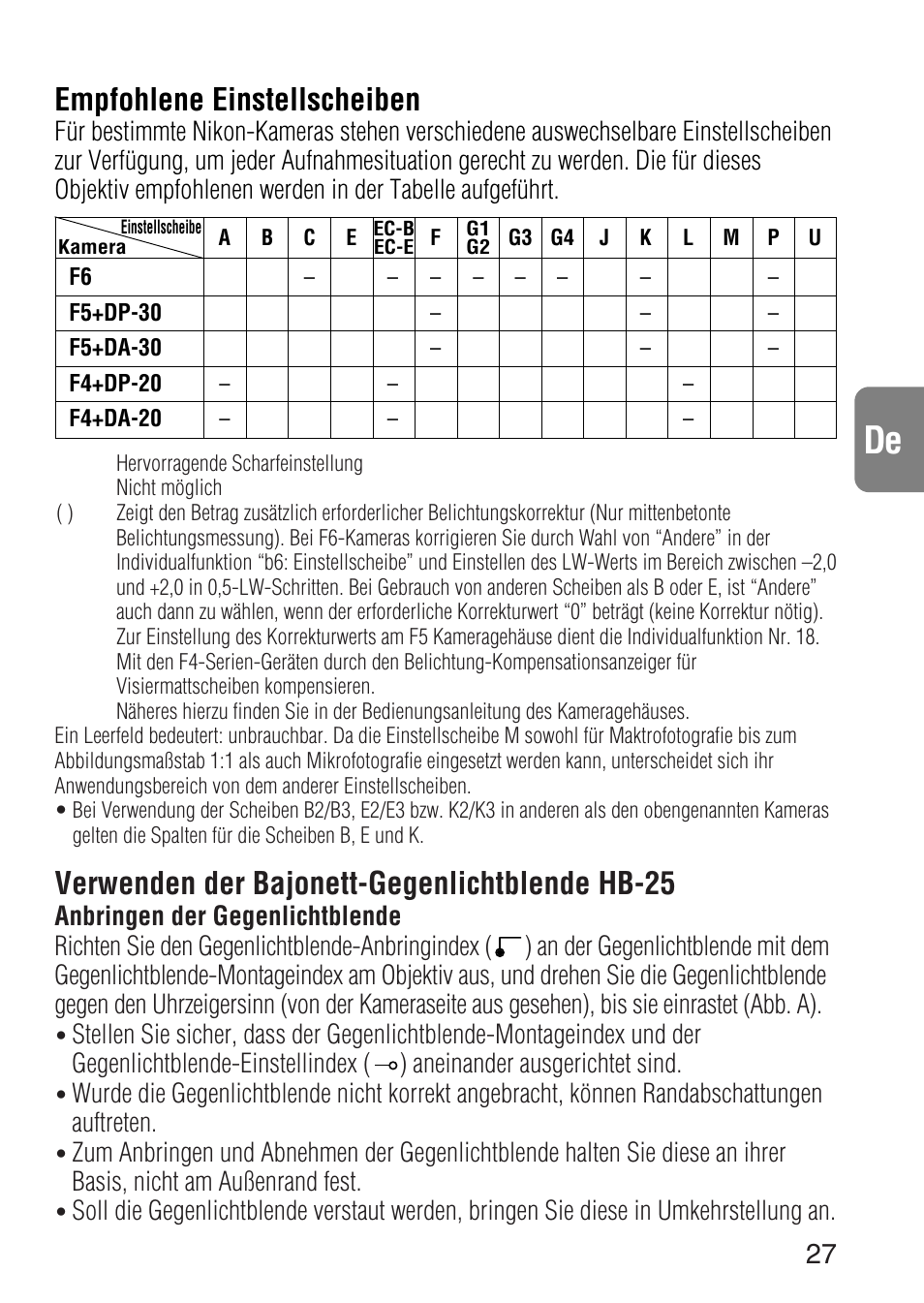 Verwenden der bajonett-gegenlichtblende hb-25, Empfohlene einstellscheiben | Nikon 24-120mm-f-35-56G-ED-IF-AF-S-VR-Zoom User Manual | Page 27 / 71