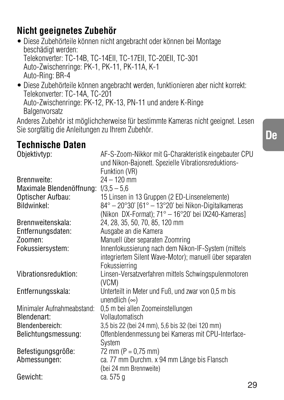Nicht geeignetes zubehör, Technische daten | Nikon 24-120mm-f-35-56G-ED-IF-AF-S-VR-Zoom User Manual | Page 29 / 71