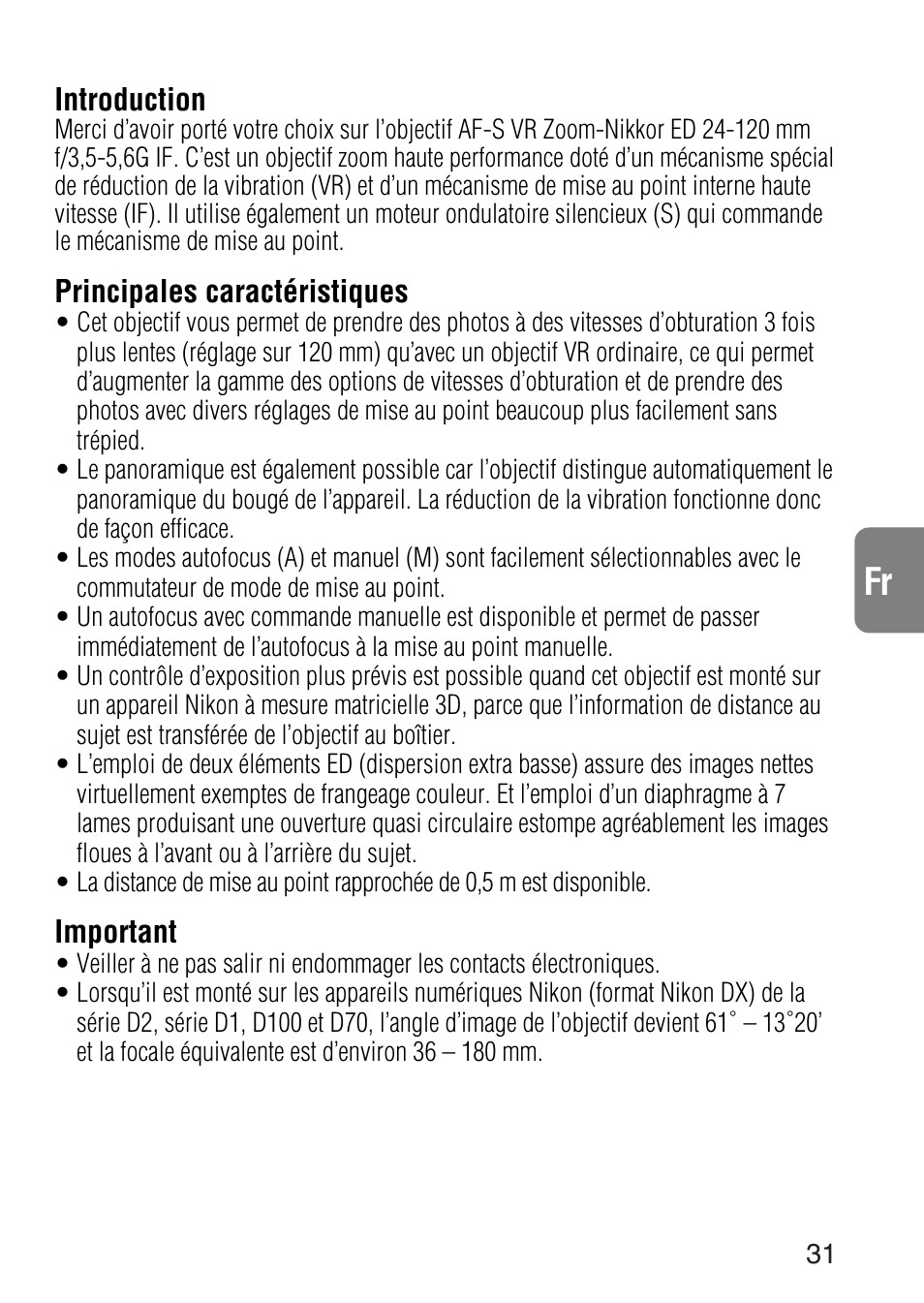 Introduction, Principales caractéristiques, Important | Nikon 24-120mm-f-35-56G-ED-IF-AF-S-VR-Zoom User Manual | Page 31 / 71