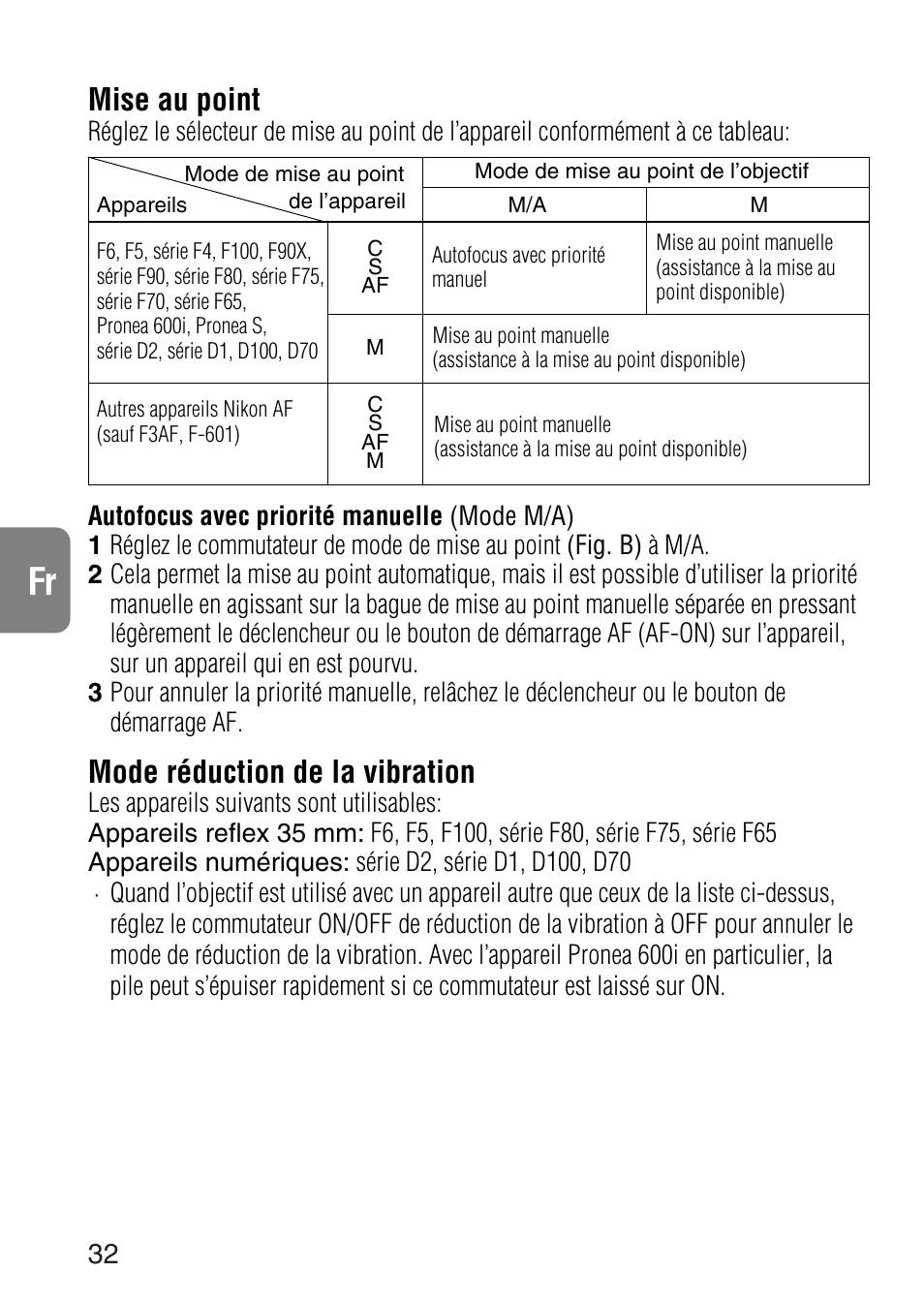 Mise au point, Mode réduction de la vibration | Nikon 24-120mm-f-35-56G-ED-IF-AF-S-VR-Zoom User Manual | Page 32 / 71